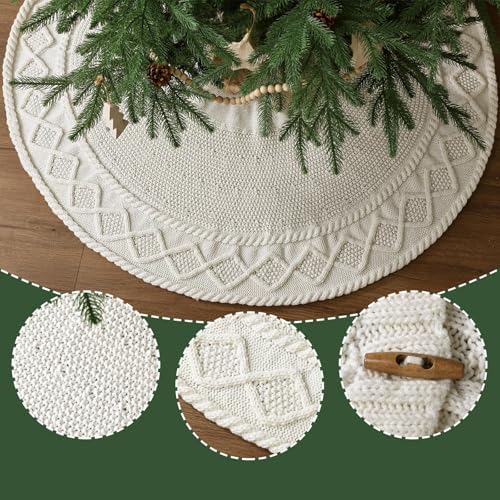 48 inch Christmas Tree Skirt: Diamond Edge Knit Tree Skirt for 7.5ft Tree, Cream White Tree Skirt, Vintage Tree Skirts, Rustic Farmhouse Christmas Decorations - Image 3