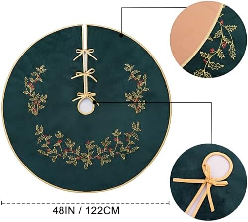 Green Christmas Tree Skirt Velvet 48 inch，Large Embroidered Vintage Dark Green Tree Skirt, Elegant Fur Plush Xmas Tree Skirts for Merry Christmas Party Xmas Tree Decorations - Image 5
