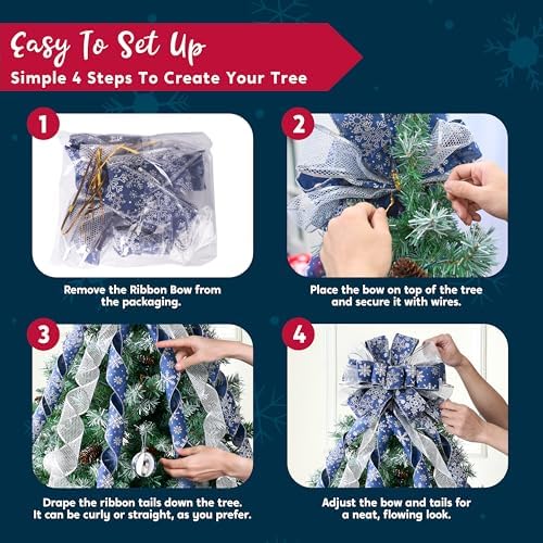 JOIEDOMI 45 Inch Christmas Tree Topper Wreath Bow, Blue and Silver Ribbon Ornaments with Snowflakes and Glitter, Large Gift Decor for Xmas Holiday Themed Decoration Home Parties Wedding - Image 4