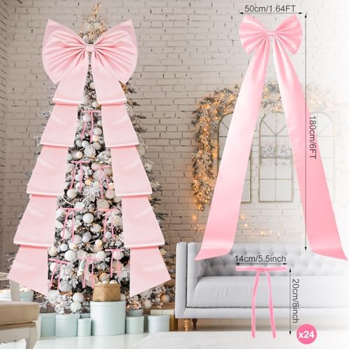 Daifunli 71"x20" Giant Pink Bow Christmas Tree Topper with 24 Velvet Bow - Image 4