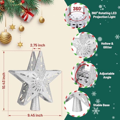 Christmas Tree Topper Lighted with 6 Projection Modes,Christmas Star Tree Topper Built-in LED Rotating Projector Lights 3D Sparkling Christmas Tree Decorations for Xmas Party Holiday Decor(Silver) - Image 3