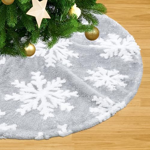 Small Christmas Tree Skirts 24 inch Grey White Xmas Tree Skirt Snowflakes Tree Skirts Fluffy Double Layers Mini Tree Skirt for Holiday Home Party Xmas Tree Decoration by LJIE-House