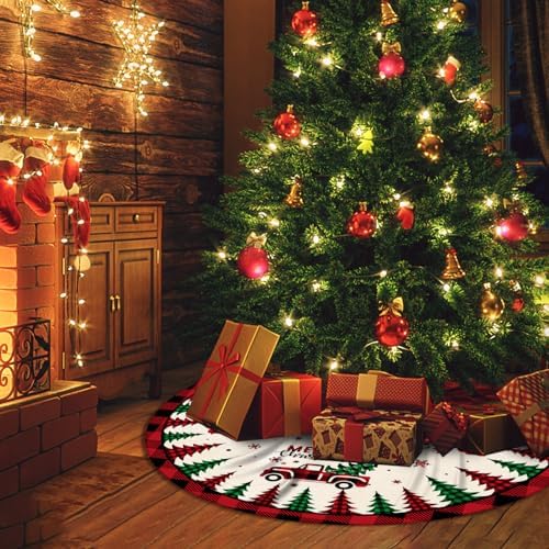 Christmas Tree Skirt Red Buffalo Plaid Xmas Tree Skirts Mat 48 Inches - Image 4