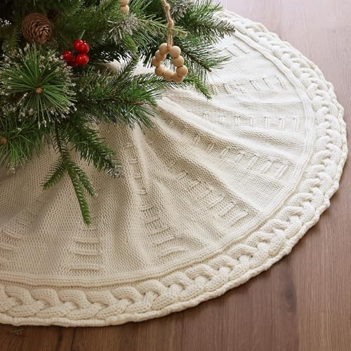 36 Inch Christmas Tree Skirt: Pencil Tree Skirt for 6FT Tree, Braided Cable Knit Cream White Small Tree Skirt, Vintage Tree Skirts, Rustic Farmhouse Christmas Decorations by LimBridge