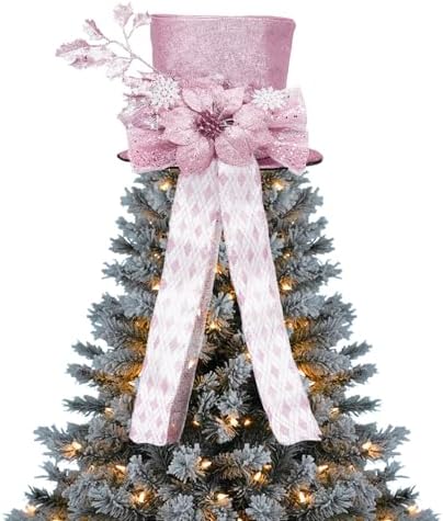 Garvee Pink Christmas Tree Topper Bow, 9.84 in Glitter Christmas Tree Decoration with Bows & Decorative Spruce Branch, Xmas Holiday Decoration for Snowman by Garvee