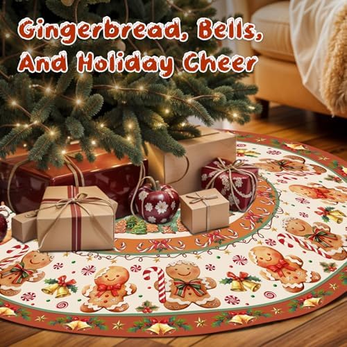 Gingerbread Christmas Tree Skirt 48 Inch, Christmas Skirt Tree Decoration, Christmas Trees Mat for Under Trees Holiday Party Indoor Outdoor Decorations, Winter Gift for Women Wife Mom - Image 6