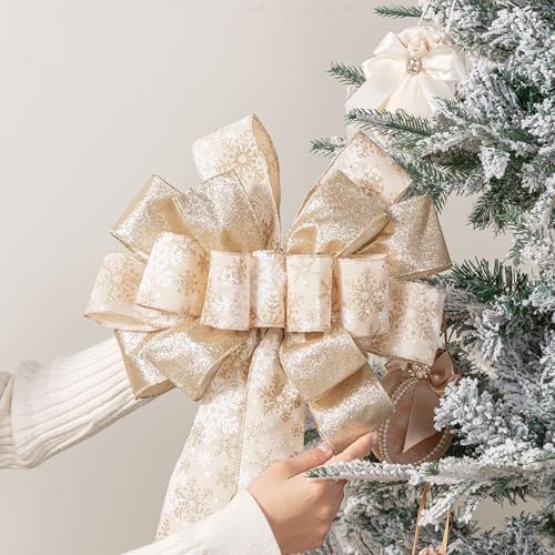 Christmas Tree Topper, 40x13 Inches Toppers Bow with Glitter Satin Mesh Streamer and Patterned Ribbon, Christmas Tree Topper Bow for Christmas Home Decoration (Champagne Gold) - Image 5