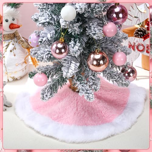 Civaner 3 Pack Faux Fur Mini Winter Tree Plush Skirt Pink with White Plush Tree Mat 15 Inches Skirt for Winter Holiday Party Indoor Outdoor Home Decoration by Civaner