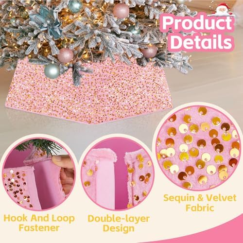 Sequin Christmas Tree Ring Collar Collapsible 25.59 Inch Pink Gold Tree Skirt Velvet Tree Stand Cover for 7.5ft Artificial Tree Home Xmas Ornaments - Image 4