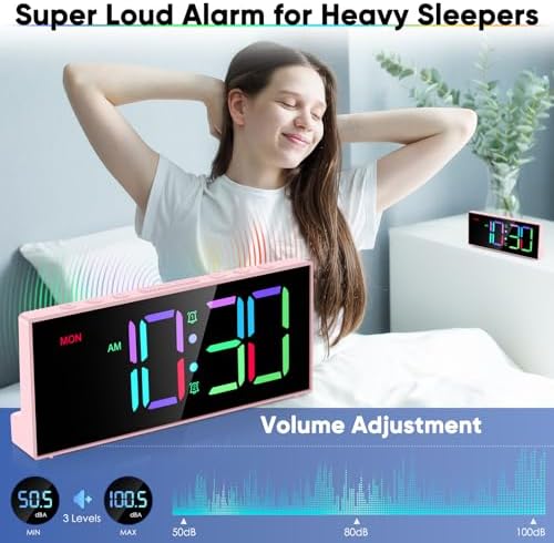 Digital Alarm Clocks,Large Big Numbers Cute clocks for Bedrooms,college dormitories,Teens,Modern D??cor Plug in Clock with USB Charger Port Adjustable 3-Levels volume,5 Dimmers,Battery Backup (Pink) - Image 4