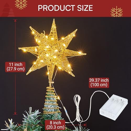JOIEDOMI 7.8" Metal 3D Star Christmas Tree Topper Golden Glitter Decorations with 56 LED Warm White with Plug Timer Ornaments Treetop Home Holiday Party Indoor Decor - Image 5