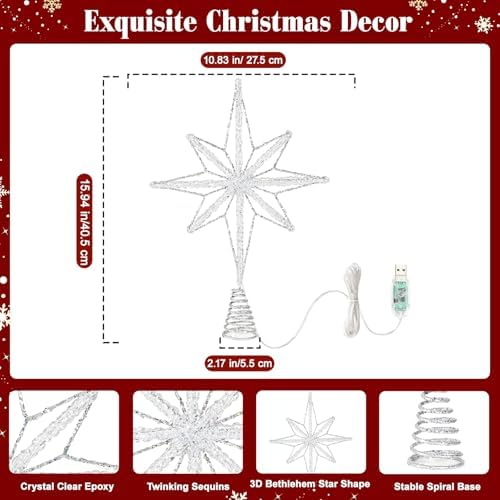 Lewondr Crystal Lighted Christmas Bethlehem Star Tree Topper, Silver - Image 3