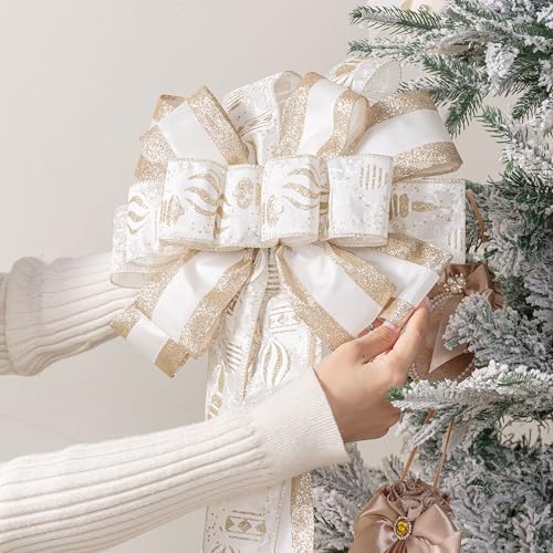 Christmas Tree Topper, 40x13 Inches Toppers Bow with Glitter Satin Mesh Streamer and Patterned Ribbon, Christmas Tree Topper Bow for Christmas Home Decoration (White Golden) - Image 3