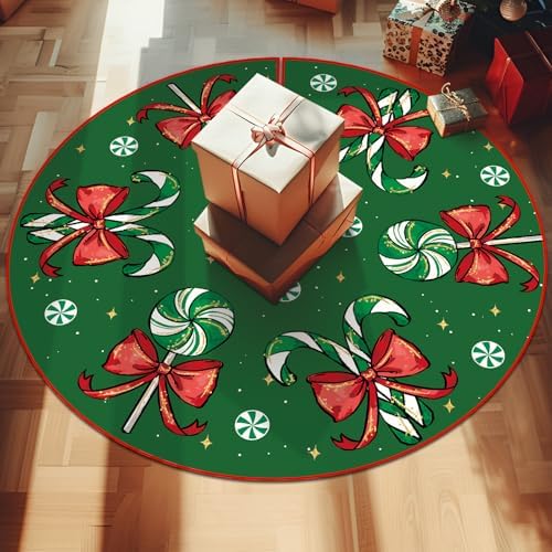 Christmas Tree Skirt Green Tree Skirts Candy Cane Decorations Xmas Tree Skirt Tree Mat 36 Inch Winter Christmas Decor for Home - Image 2