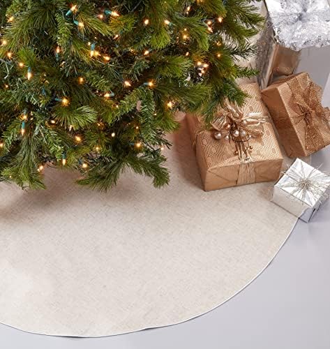 SARO LIFESTYLE Linen Christmas Tree Skirt – Toscana Collection – Natural with Silver Piping – Classic Holiday Farmhouse Décor, 84", Silver by SaroLifestyle