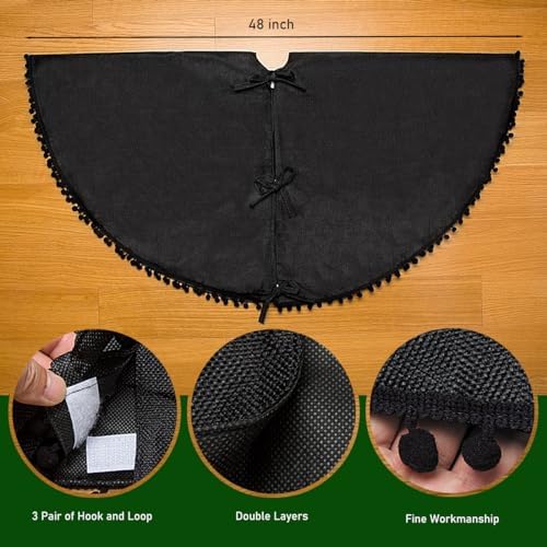 Christmas Tree Skirt, Black Christmas Tree Skirt 48 inches Soft Double Layer Burlap Tree Skirt with Pom Pom for Rustic Christmas Halloween Decorations - Image 2