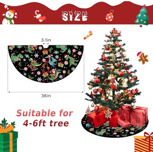 Christmas Dinosaur Tree Skirt 36in, Black Dinosaur Christmas Tree Ornament Decor for Funny Santa Claus Black Dinosaurs Christmas Tree Mat, Dino Xmas Decorations for Home New Year Holiday Party - Image 2