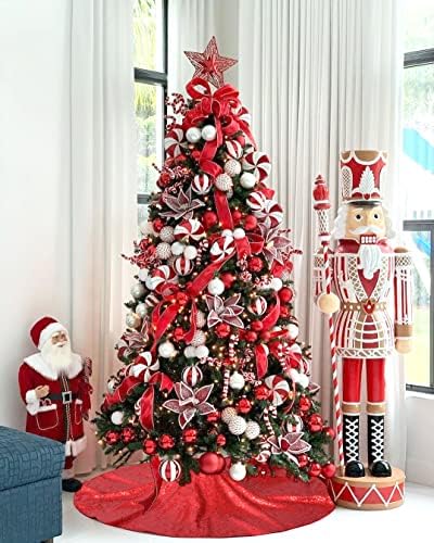 Christmas Tree Skirt 48 Inches Red Tree Skirt Glitter Sequin Tree Skirt for Winter Party Red Christmas Decorations - Image 2