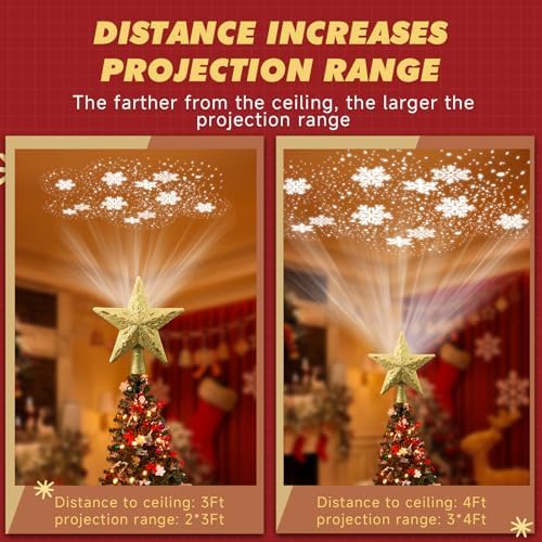 Christmas Tree Topper Lighted Star,3D Hollow Sparkling Star Christmas Tree Topper with 6 Patterns Rotating Magic Cool White Snowflake Projector, Plug in Gold Tree Topper for Tree Ornament - Image 2