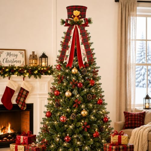 Christmas Tree Topper Hat Teddy Bear Topper with Buffalo Plaid Bow - Image 2