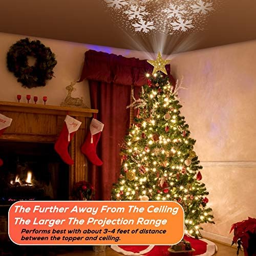 IPOW LED Snowflake Projector Star Christmas Tree Topper, 11.3'' Golden Glittered Star Treetop Lighted Rotating Snow Flake for Christmas Tree Decoration, Ideal as LED Night Light Projector for Children - Image 2