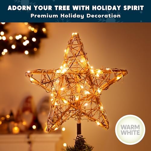 Joiedomi 8 Inch Christmas Tree Toppers, 30 LED Rustic Rattan Star Lighted for Xmas Decorations, Holiday Party Indoor Decor - Image 2