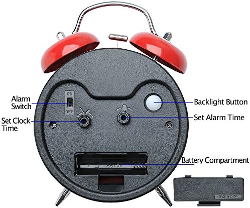 Peakeep 4 Inches Twin Bell Loud Alarm Clock for Heavy Sleepers | Backlight, Battery Operated Old Fashioned Alarm Clock for Bedrooms Kids' Room (3D-Dial, Red) - Image 6
