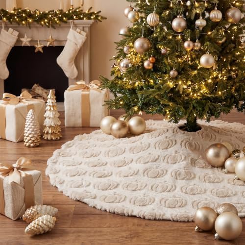 Thenshop Fall Tree Skirt 36 Inch Beige Plush with 3D Pumpkins - Image 5