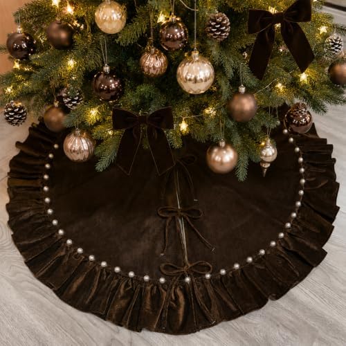 Dark Brown Velvet Christmas Tree Skirt, 48 Inch Christmas Tree Skirt with Ruffled Edge and Pearl Trim - Image 3
