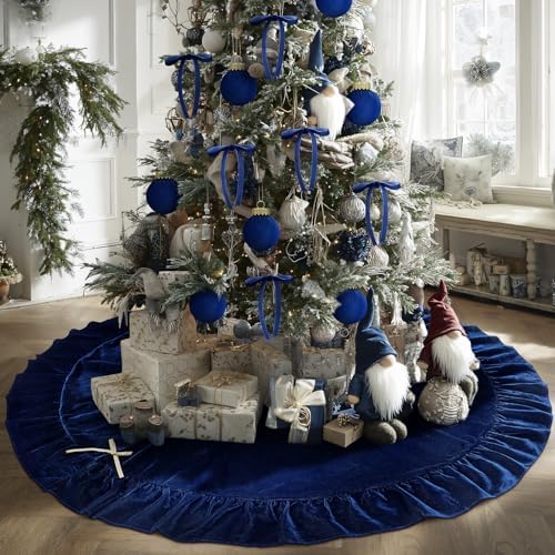 Velvet Christmas Tree Skirt, 72 Inches, Bow Style, Navy Blue - Image 2