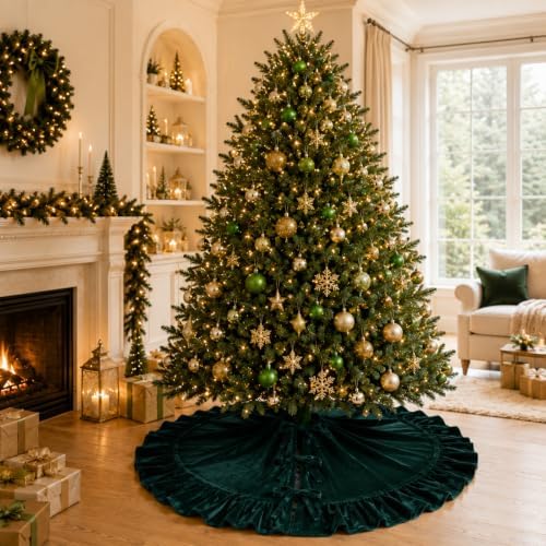 48-Inch Dark Green Ruffled Velvet Christmas Tree Skirt with 3 Bow Ties, Large Round Xmas Tree Base Cover for Holiday Home and Party Decor, 122 cm - Image 4