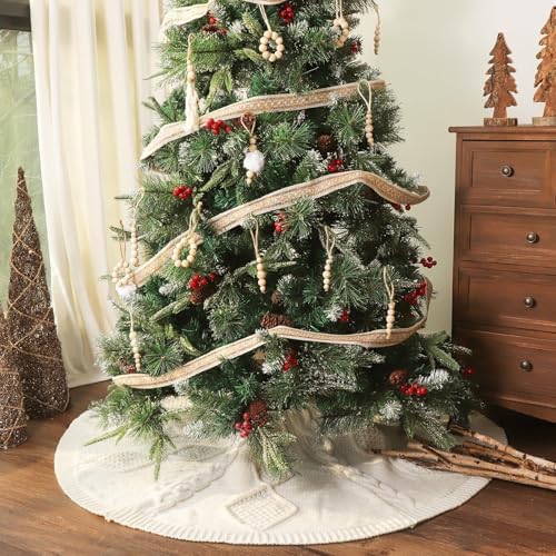 48 inch Christmas Tree Skirt: Diamond Braided Cable Knit Tree Skirt for 7.5ft Tree, Cream White Tree Skirt, Vintage Tree Skirts, Rustic Farmhouse Christmas Decorations - Image 5