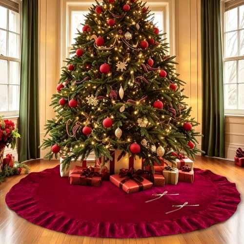 60 Inches Velvet Christmas Tree Skirt Decorations Red Luxury Xmas Fur Plush Skirts for Merry Christmas Party Rustic Vintage Holiday Home Winter by QIJISTORM