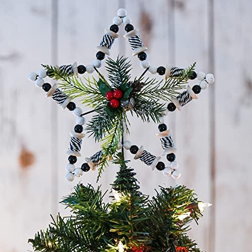 Rattan Star Christmas Tree Topper - Wooden Bead Holly Mistletoe Decor 11.5" - Image 2