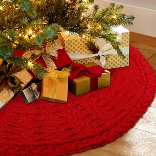 YUJUN 36 Inches Christmas Knitted Tree Skirt Decorations Xmas Large Red Chunky Cable Farmhouse Thick Rustic Tree Skirt for Merry Christmas Tree Holiday Home Party Decoration by YUJUN
