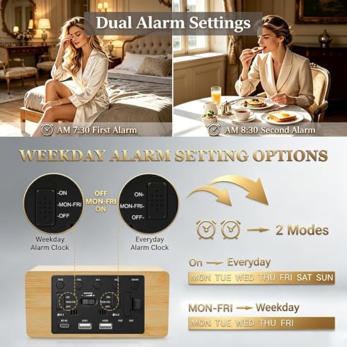 Andoolex Wooden Digital Alarm Clock with Wireless Charging, 0-100% Adjustable Brightness Dimmer and Alarm Volume, Weekday/Weekend Mode, Dual Alarm, Snooze, 12/24H, Wood LED Clock for Bedroom (Bamboo) - Image 7
