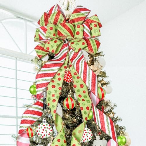 Christmas Tree Topper Wreath Bow Large Green Christmas Bow Tree Topper with Red Green Dot Patterned Gift Bows for Xmas Ornament Holiday Home Thanksgiving Indoor/Outdoor Decoration 52"x13" - Image 3