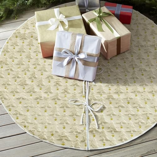 AVOIN colorlife Soft Plush Faux Fur Christmas Tree Skirt 36 Inch, Jacquard Beige Xmas Star Pine Trees Winter Holiday Mat Decoration - Image 4