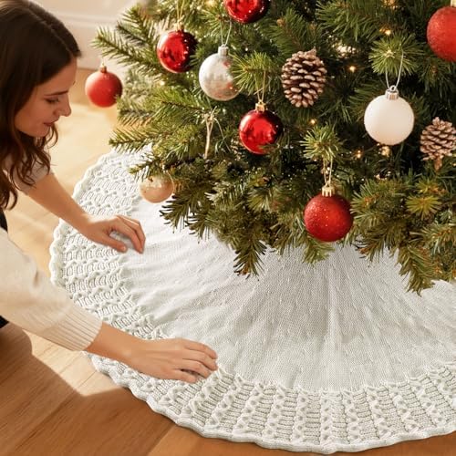 Christmas Tree Skirt 48 Inch Knitted Xmas Tree Skirt Cable Knit Tree Skirt Christmas Tree Decorations for Farmhouse Xmas Holiday Home Party (White, 48in) - Image 6