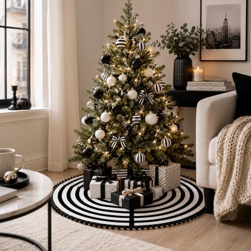 30 Inch Black and White Christmas Tree Skirt with Pom Poms - Image 5