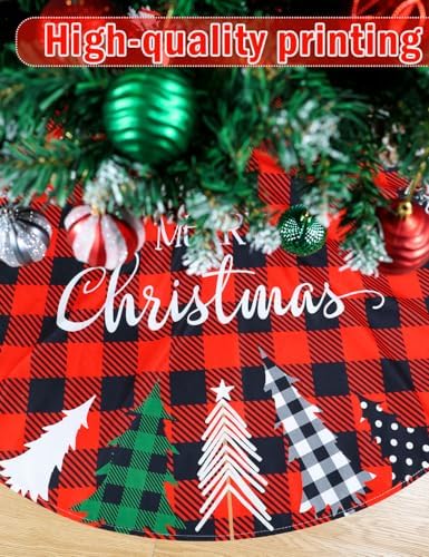 Multiwins Christmas Tree Skirt 48 Inch Red Rustic Xmas Tree Skirt with Christmas Tree, Black Red Buffalo Plaid Christmas Tree Skirt Ornaments for Merry Christmas Holiday Party Decorations Indoor - Image 5