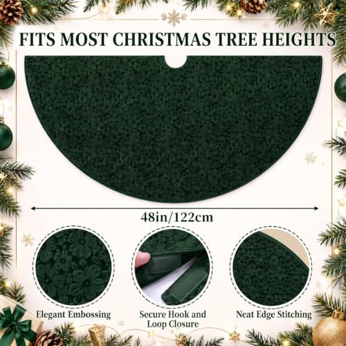 Skylety 48'' Christmas Tree Skirt Rug Embossing Xmas Tree Skirt, Green - Image 2