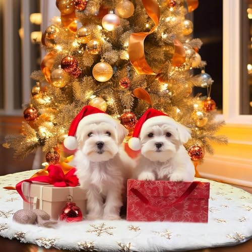 Christmas Tree Skirts 60 Inches, White Faux Fur Christmas Tree Skirt with Gold Sequin Snowflakes, Extra Large Plush Tree Skirts for Xmas Holiday Party Decorations. - Image 5