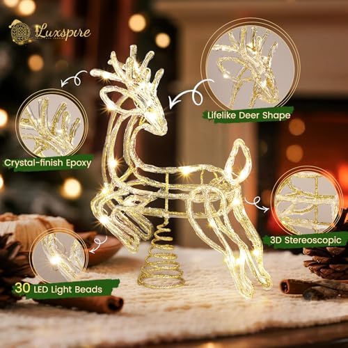 Luxspire Christmas Tree Topper, 3D Deer Lighted Tree Topper with USB Plug-in & Remote Control, Light Up Xmas Vintage Modern Ornaments Decor Lights for Home Party, Crystal Reindeer-Gold - Image 3
