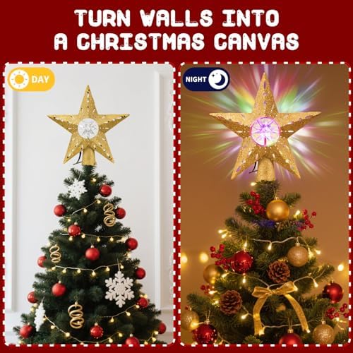 Gold Rotating Christmas Tree Topper Star with RGB LED Lights, 3D Crystal Diamond Center, Spinning Projection, Glitter Design Tree Decor with Power Cord for Holiday, Party, Christmas Celebration - Image 3