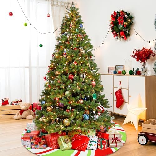 48 Inch Christmas Tree Skirt Peppermint Candy Tree Mat Large Christmas Red White and Green Trees Skirt Candy Swirl Stripe Trees Skirts for Xmas Holiday Home Party Ornament Rustic Farmhouse Decoration - Image 7