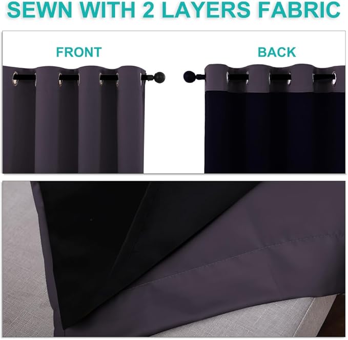 NICETOWN 100% Blackout Curtains for Windows, Pack of 2, 52" W x 108" L, Greyish Purple, Super Heavy-Duty Black Lined Total Darkness Drapes for Bedroom, Privacy Assured Window Treatment for Patio