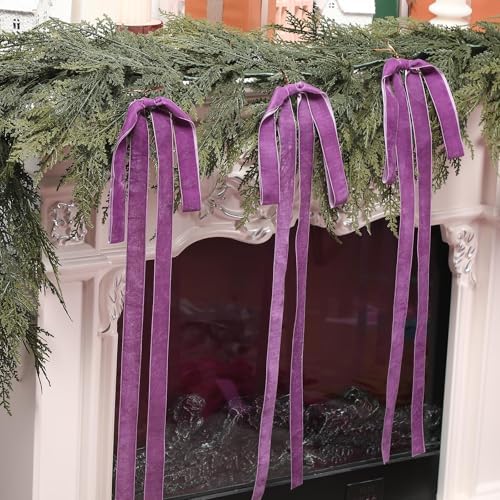 Janinka 6 Pcs Long Purple Christmas Velvet Bow Ornament Vintage Tree Decor - Image 3