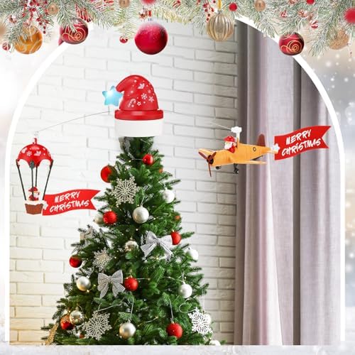 Realspring Christmas Animated Tree Topper, Santa Hat Hot Air Balloon Plane - Image 5