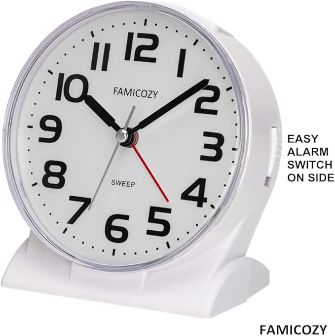 FAMICOZY 4.5" No Ticking Analog Alarm Clock,Silent Readable for Seniors,Easy to Set,Gradual Rise Alarm,Big Numbers,On/Off Switch on Side,Gentle Wake,Snooze Soft Backlight,Battery Operated,White - Image 4